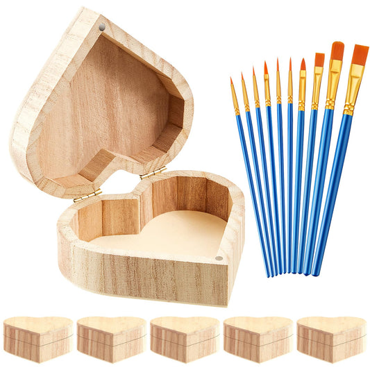 Taiyin 24 Pcs Unfinished Heart Box Unpainted Wooden Treasure Chest with Art Brushes Wood Heart Shaped Natural Pine Box with Hinged Lid for DIY Craft Making Storage Jewelry