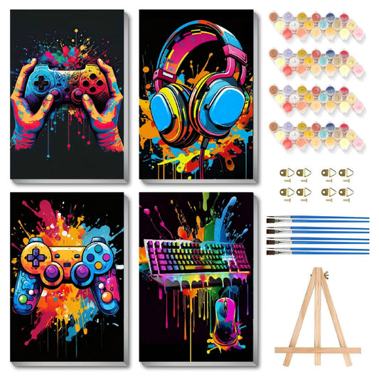 bleihum 4 Pack Paint by Numbers Kit for Kids with Frame Wooden Easel, Video Game Paint by Number Canvas, Controller Painting by Numbers Gifts for Gamers Teen Boys Room Decor 8x12 Inch