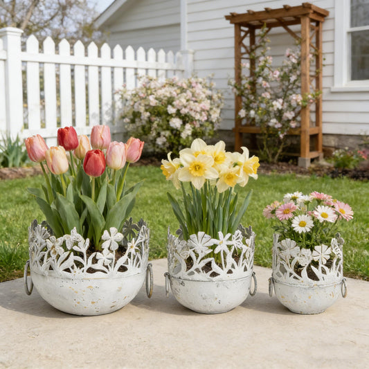 3 Piece Vintage Metal Pots Set,Rustic Distressed Garden Planter Plant Buckets with Handles Farmhouse Floral Containers for Indoor Outdoor Home Gardening Tabletop Centerpieces Wedding Decor White