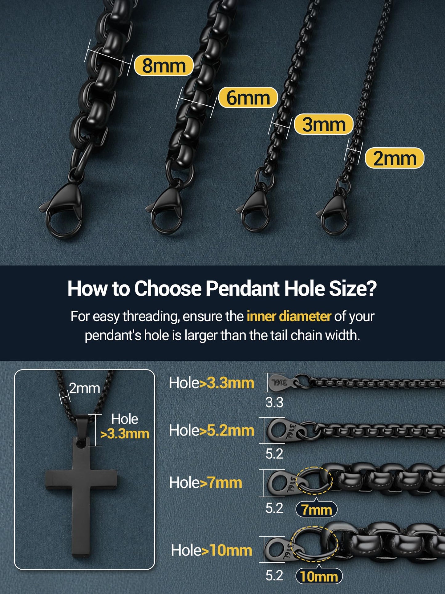 PROSTEEL Mens Chain Necklace, Squre Rolo Link Chains Black Chunky Stainless Steel Necklace 8mm Waterproof & Durable Men and Women Jewelry with Gift Box 20in