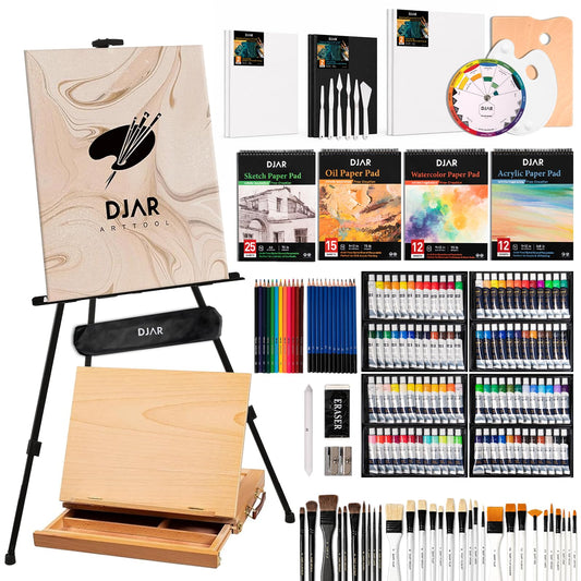 DJAR 174 Pcs Professional All-in-One Art Painting Kit with FSC-Certified Beech Wood Easel, 96 Acrylic, Watercolor & Oil Paint Set, Complete Art Supplies Painting Set for Adults, Artists, Beginners