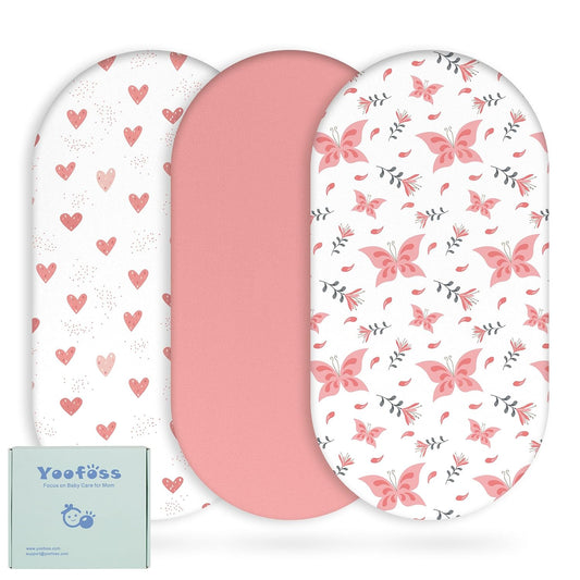 Yoofoss Bassinet Sheets - 3-Pack Fitted Mattress Covers for Halo & Baby Delight | Soft Pink Butterflies