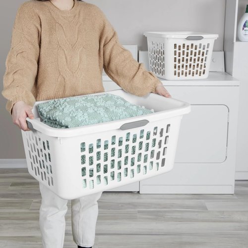 Large Plastic Laundry Basket - 4 Comfort Grip Handles, 2 Bushel Capacity, White