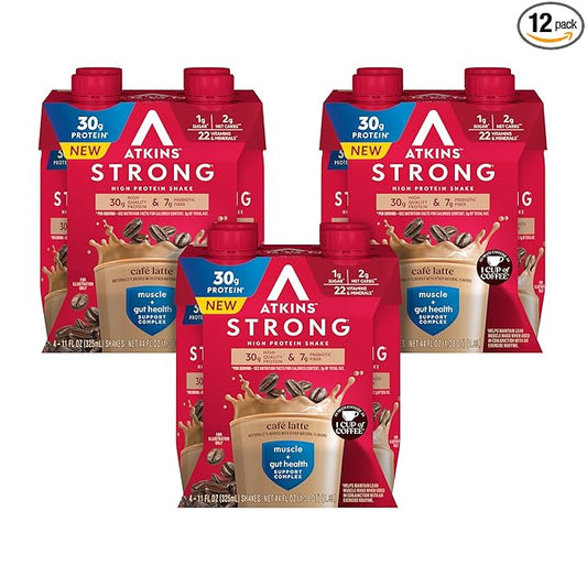 Atkins Strong High Protein Shake, Café Latte, 30g Protein, 7g Prebiotic Fiber, Muscle & Gut Health Support Complex, 12 Count