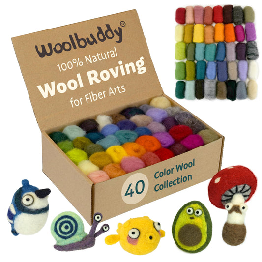 Woolbuddy Wool Roving Kit - 40 Vibrant Corriedale Wool Colors for Wet & Dry Felting – Soft, Carded Core Wool for Beginners & Artists – Premium Felting Supplies