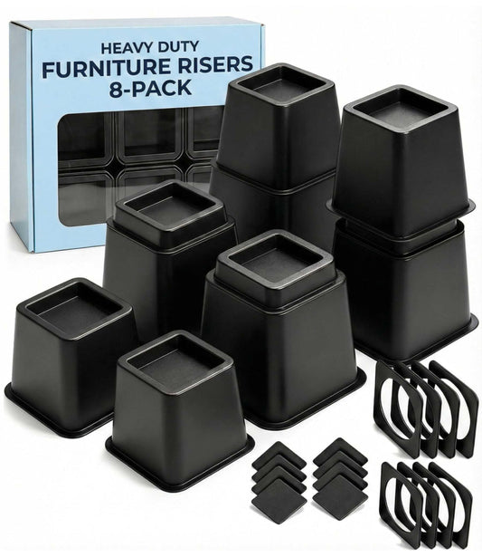 Bed Risers - Dorm Room Essentials - 3 & 5 Inch Adjustable Furniture Risers or 8 Inch Combined - Heavy Duty for Dorm Decor, Desks, Chairs - Under Bed Storage - Supports Up to 1,300 lbs (8 Pack, Black)