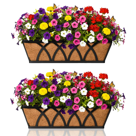 Flat Railing Planter Window Box Wall Hanging Planters (2 Pack, 30 Inch) Balcony Fence Planter with Coco Liner, Horse Trough Planter Metal Window Planter Box for Outdoor Plant Holder Rail Deck