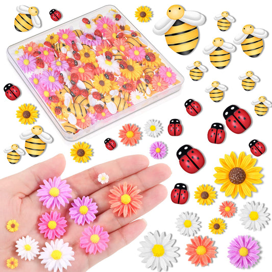 200 Pieces Mini Resin Bee Daisy Sunflower Decor Flatback Embellishment Bees Charms Epoxy Beads Ladybugs Crafts Assorted Sizes Sunflower Decorations for DIY Craft Wreath(Elegant Color)