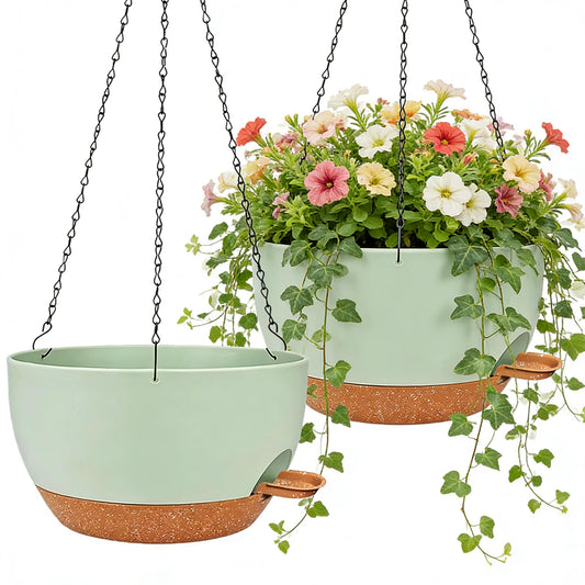 zople 2 Pack 12 Inch Self Watering Hanging Planters for Indoor Plants, Large Green Brown Plastic Hanging Pots with Chains for Outdoor Patio Garden Home Decor Green Brown