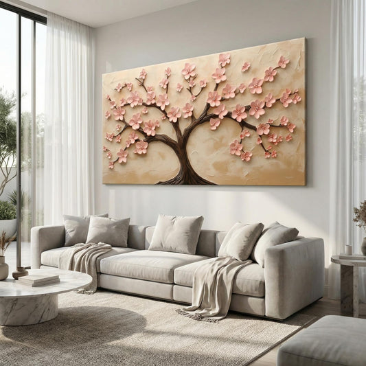 BirdSuite 3D Pink Cherry Blossom Tree Wall Art, Canvas Print Wall Decor for Living Room, Modern Floral Painting, Ready to Hang-58x29 Inches