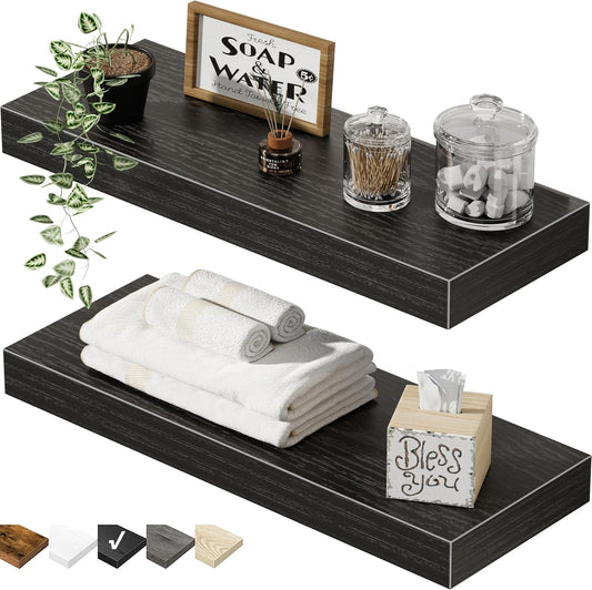 QEEIG Floating Bathroom Shelves - Wall-Mounted Farmhouse Decor | Set of 2, 15.7" x 6.7", Black