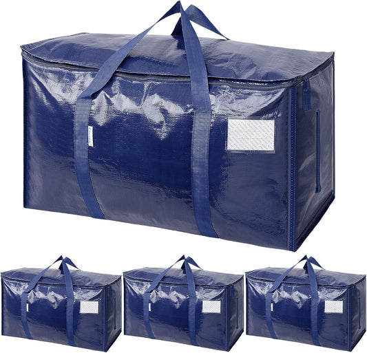 TICONN Extra Large Heavy-Duty Moving Bags - Durable Storage with Zippers & Handles | 4 Pack, Navy