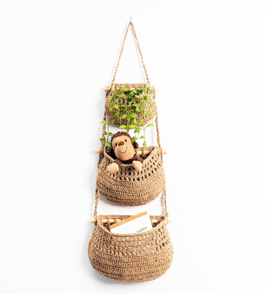 Hanging Fruit Basket, 3 Tier Woven Jute Wall Hanging Basket for Organizing, Hanging Produce Basket for Fruit & Vegetable Storage, Boho Kitchen Decor, Wall Basket Storage for Kitchen, Bedroom, Bathroom