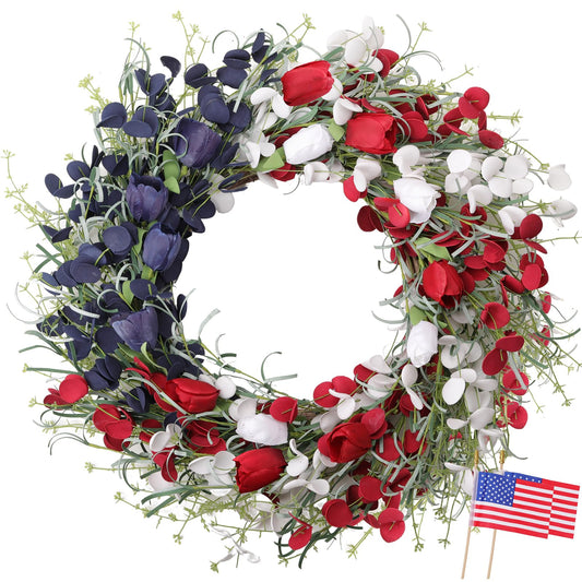 MAINGKAUNG Patriotic Wreath 22 Inch 4th of July Wreath Patriotic Wreaths for Front Door with Red White Blue Flag Tulip Eucalyptus Leaves for American Independence Day Memorial Day Flag Day Decor