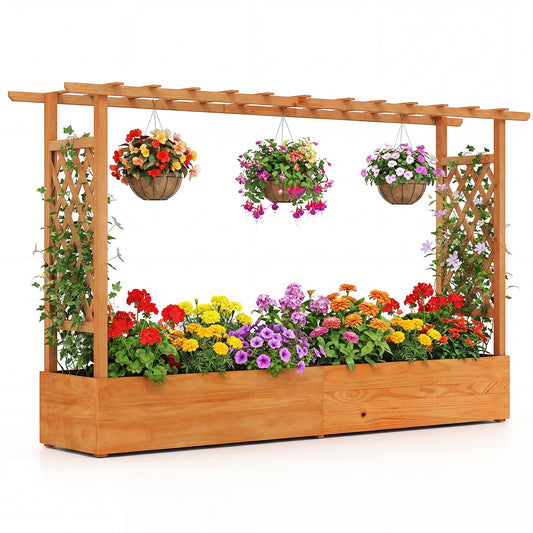 Giantex Raised Garden Bed with Trellis & Hanging Roof, Wood Planter Box with Bottom and Drainage Holes, Freestanding Garden Planter for Flower Vegetable Fruit Herb Climbing Vines (79" x 17.5" x 45")