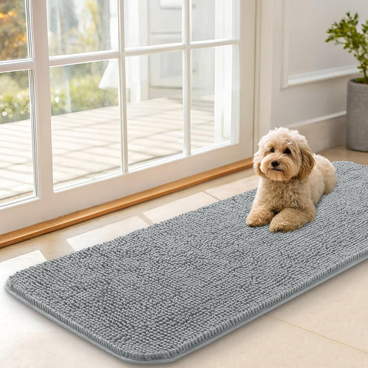 OLANLY Dog Door Mat - Absorbent Non-Slip Chenille Mat for Muddy Paws | 47x17 Inches, Grey