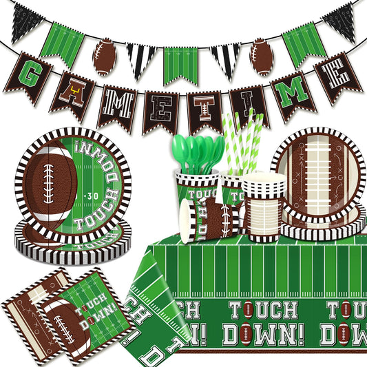 Zhehao 196 Pcs Football Birthday Party Decorations Serve 24 Guests Football Party Supplies Tableware Set Banner Tablecloth Plates Cups Cutlery Straws Napkins for Birthday Day Tailgate Decorations