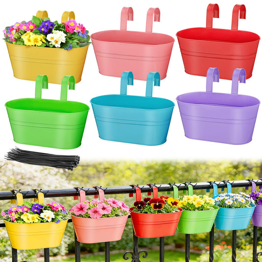 MADHOLLY Railing Planter with Drainage Holes - 6Pcs Sturdy Bucket Pots for Railing Fence, Countryside Style Metal Flower Pots for Herbs Balcony Garden Yard Decor, Colorful