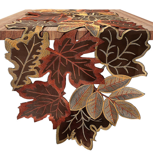 Fall Table Runner 13.7×68.8 Inches with Embroidered Maple Leaves, Thanksgiving Farmhouse Harvest Theme Dinning Coffee Table Decor Autumn Decorations for Home