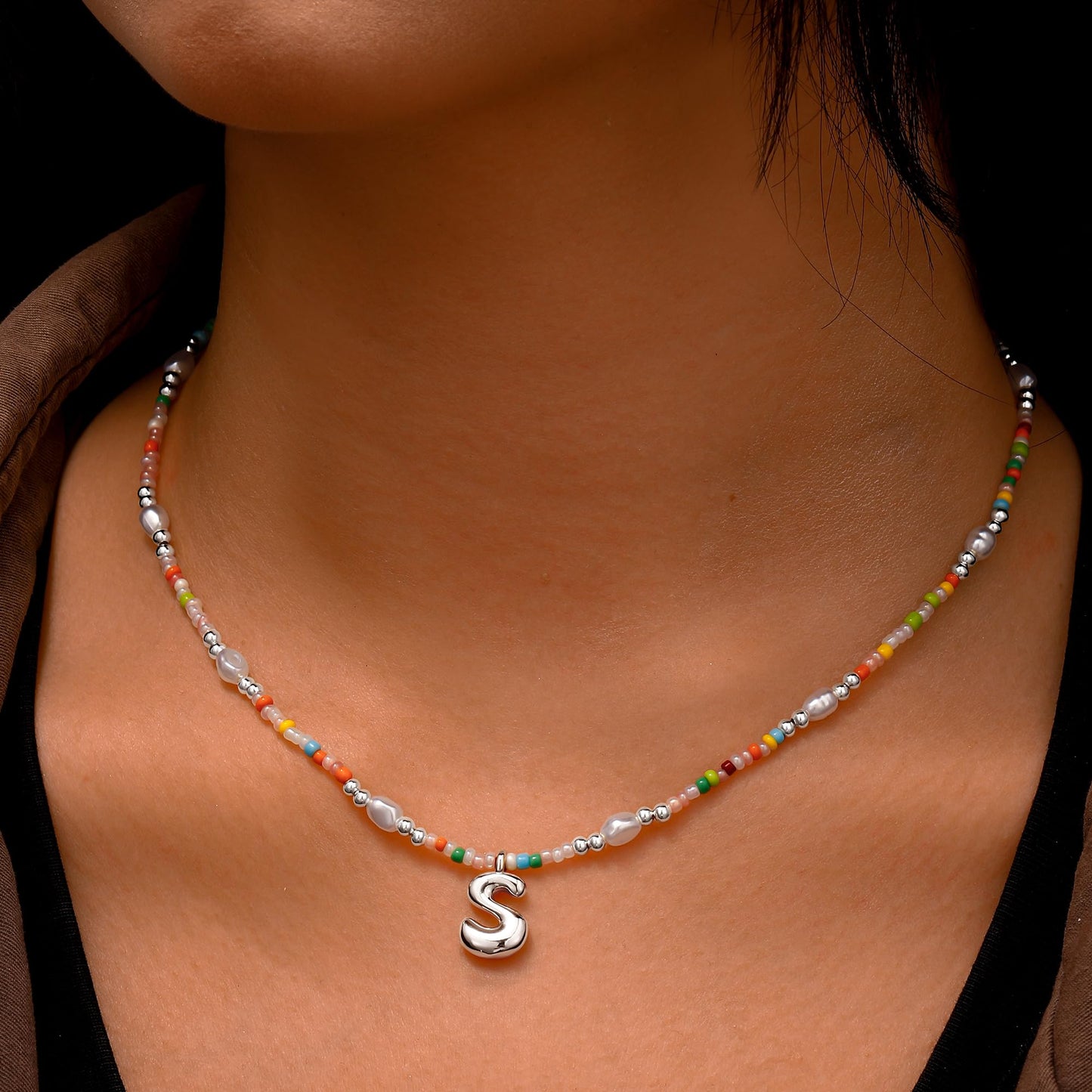 Ritach Initial Necklace for Girls Gifts - Letter Necklace Initial F Necklace for Girls Women Silver Necklace Beaded Necklaces for Women Girl Jewelry for Little Girl Gifts