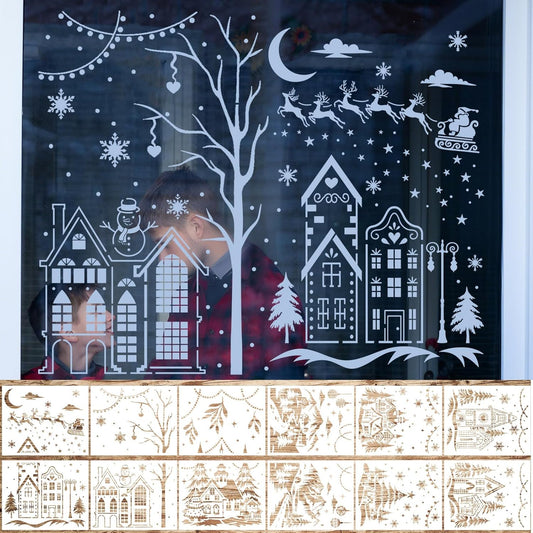 Skiennix 12 Pcs Christmas Stencils - Large Reusable Holiday Templates for DIY Window Decor | 13.78 x 11 Inch
