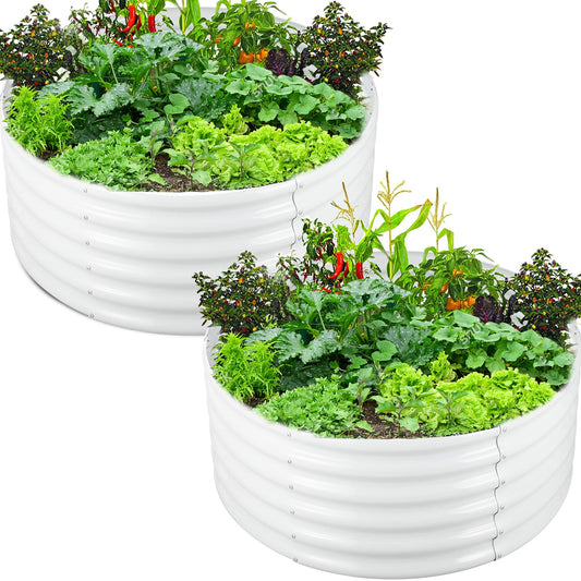 FORTUNO 2 Pcs 17" Tall 4 Ft Round Raised Garden Bed Box Galvanized Metal Outdoor High Flower Bed Steel Patio Ground Planter for Planting Vegetables and Herbs, White