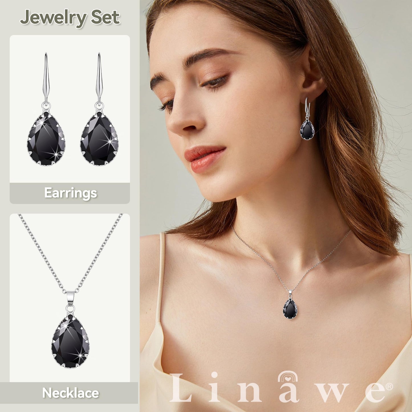 Linawe Gothic Black Crystal Necklace, Silver Jewelry Sets for Women, Imitation Diamond Pendant Drop Dangle Earrings, Rhinestone Boho Wedding Jewelry Cubic Zirconia Birthstone