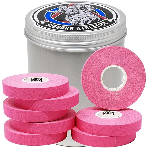 Bighorn Athletics Pro Series Jiu-Jitsu Finger Tape, 8-Rolls with Tin Holder, Enhanced Strength, Residue-Free (0.5-Inch, Pink)
