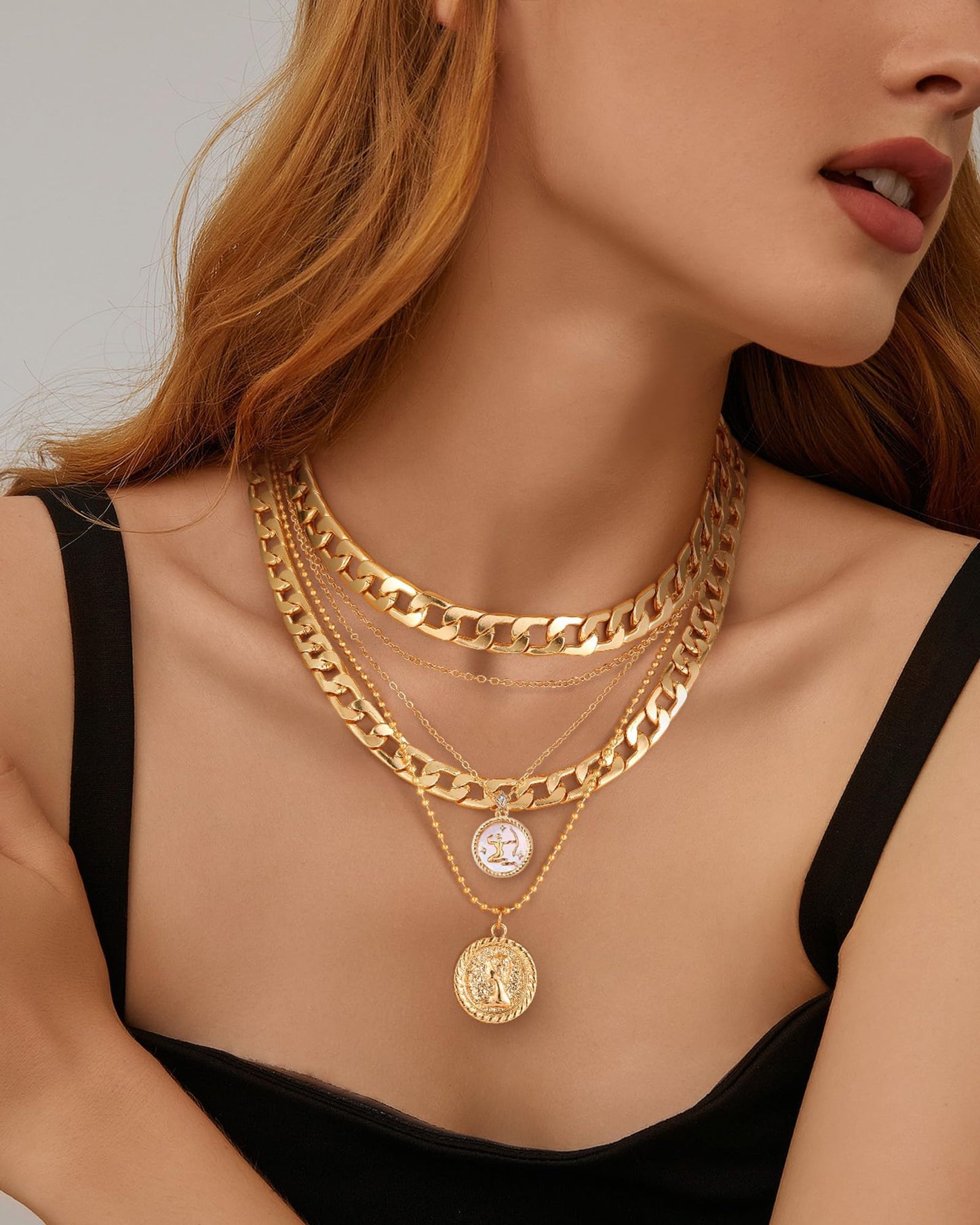 MJartoria Gold Layered Necklaces for Women Trendy Retro Coin Pendant Necklace Dainty Chunky Chain Choker Necklaces for Jewelry Birthday Gifts (Gold, Zodiac-Sagittarius-3PCS Layered)