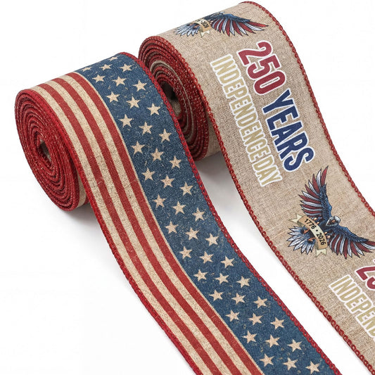 Bllavie 2 Rolls USA 250th Anniversary Ribbons for Wreath Bows Gifts, Red Blue Star Burlap Ribbons Patriotic Ribbon 4th of July Memorial Day Ribbon Bow for Gift Wrapping DIY Crafts Wreath Decor