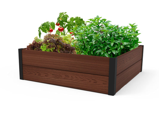 Keter 48" X 48" inches Wood Look Raised Garden Bed, Durable Outdoor Herb Garden Planter for Vegetables, Flowers, and Succulents, Brown