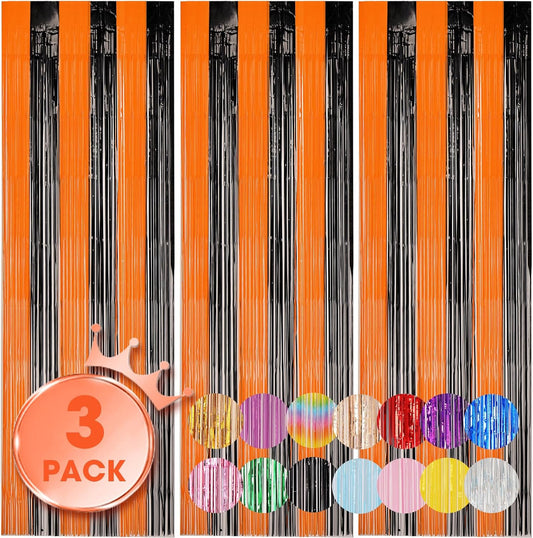 Voircoloria 3 Pack Black & Orange Foil Fringe Backdrop Curtains - 3.3x8.2 Feet Party Decorations | Perfect for Birthdays, Graduations, & More