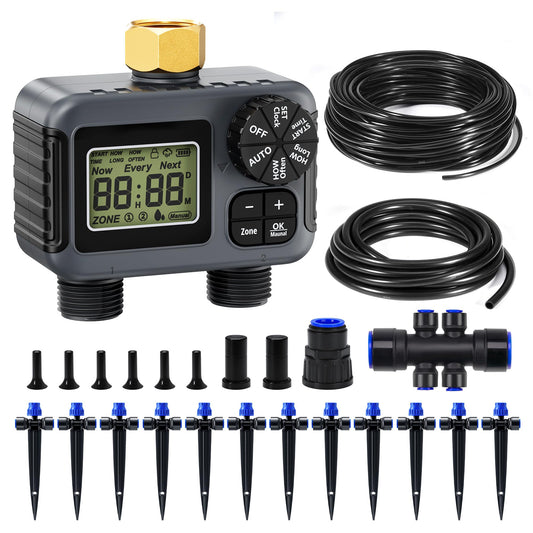 HIRALIY 50FT Drip Irrigation Kit with Garden Water Timer-2 Zone, Automatic Garden Watering System for Raised Bed, Quick Connect Design, Irrigation System for Plant Patio