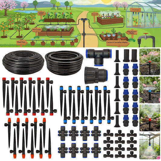 Drip Irrigation System 230FT Quick-Connect Drip Irrigation Kit with 1/4 inch 1/2 inch Irrigation Tubing Hose and Accessories for Lawn Raised Bed Greenhouse Plant Watering System