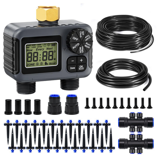 HIRALIY 100FT Drip Irrigation Kit with Garden Water Timer-2 Zone, Automatic Garden Watering System for Raised Bed, Quick Connect Design, Irrigation System for Plant Patio