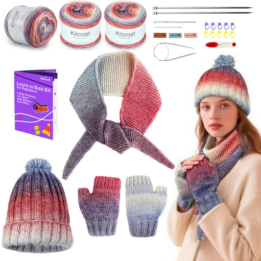 Kitcroet Knitting Kit for Beginners, Complete Beginner Knitting Kit Including Knitting Needles Set, Soft Gradiant Cake Yarn, Learn to Knit Scarf, Beanie, Mittens with Step by Step Video Tutorials