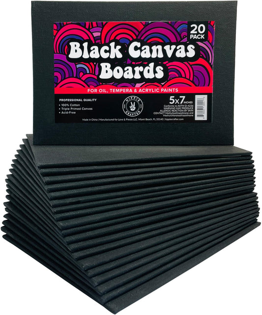Black Canvas Panels for Painting, 20 Pack, 5x7 Inch Gesso-Primed Boards for Oil, Acrylic & Watercolor, Blank Art Canvas for Artists