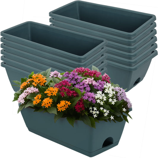 LOCONHA Window Box Planter, Plastic Vegetable Flower Planters Boxes 17 Inches Rectangular Flower Pots with Saucers for Indoor Outdoor Garden, Patio, Home Decor (12, Army Green)