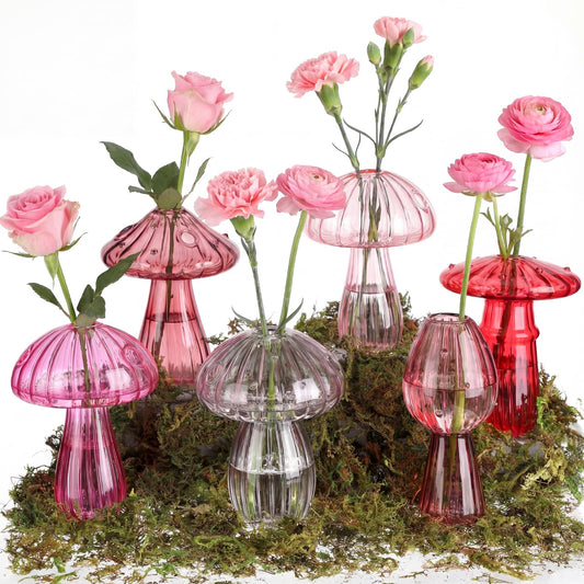 7 Pcs Mushroom Glass Propagation Vases 6 Colored Mini Cute Terrarium Plant Propagation Station Small Hydroponic Pots for Spring Easter Decor Flowers Decoration Gift Bedroom Kitchen (Pink)