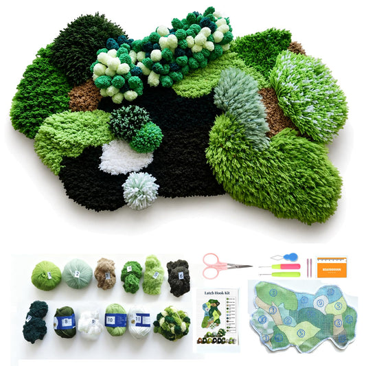 beausougon DIY 3D Moss Rug Latch Hook Kit, Forest Greenery Carpet Making with Color Printed Canvas, Multi-Texture Yarn & Tools, Handmade Tufting Embroidery Art for Beginners & Adults