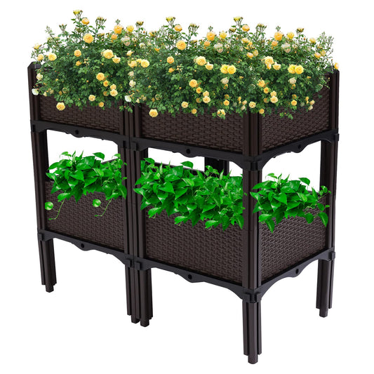 DYRABREST Set of 4 Raised Garden Bed Self-Watering Plastic Planter Box Stand with Legs, Sun and Frost Resistant Planter Outdoor Vegetable Growing Bed for Flower Herb Backyard, Patio, Balcony