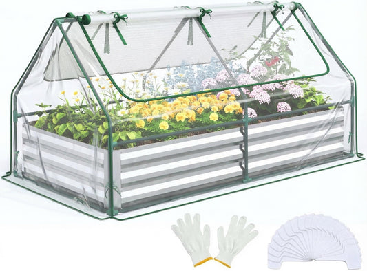 Quictent Raised Garden Bed with Cover Outdoor Galvanized Metal Planter Box Kit, w/ 2 Large Screen Windows Mini Greenhouse 20pcs T Tags 1 Pair of Gloves Included for Growing Vegetables 6x3x1ft (Clear)