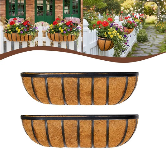JFFLYIT 2 Pcs 16“ Railing Planter Window Box Deck Railing Planters Boxes with Coco Liner English Horse Trough Planters Metal Wall-Mounted Planter Basket for Outdoor Balcony Porch Fence Patio Rail