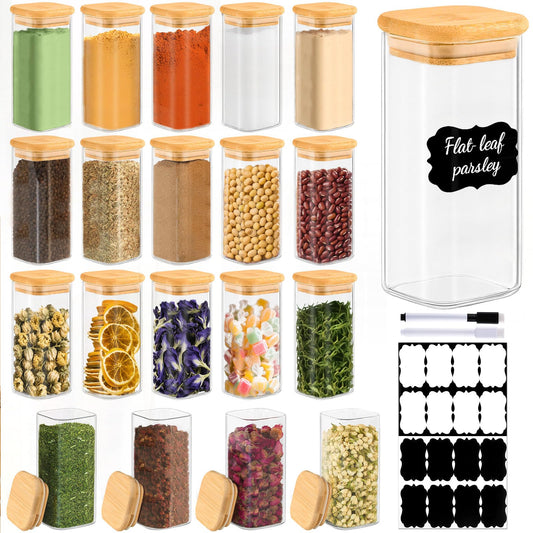 TBWIND 20 Pack 10 oz Square Glass Spice Jars with Lids and Labels – Airtight Small Spice Containers Set, Clear Glass Storage Jars for Seasoning, Spices, Kitchen Pantry Organization