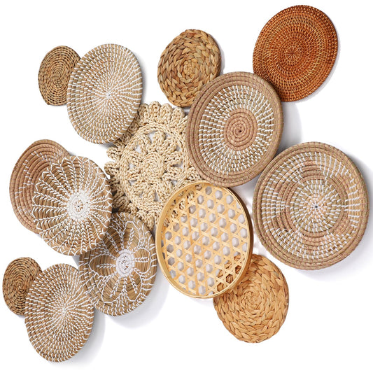 Nuenen 14 Pcs Boho Wall Basket Decor, Decorative Hanging Woven Basket Wall Decor Rustic Round Handmade Placemats for Farmhouse Living Rooms Bedrooms Table Kitchen Home Display(White Color)