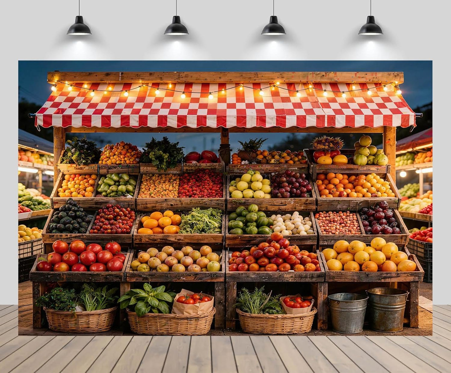 CHNYWORK 10x8ft Farmers Market Fruit Stall Photography Backdrop Red White Checkered Awning Fresh Produce Wooden Crates