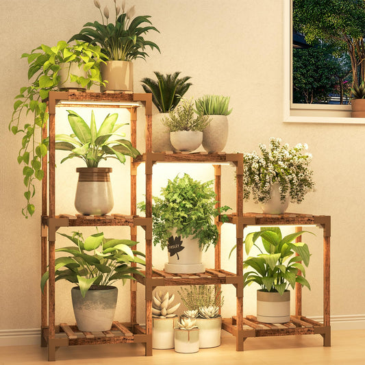 HOMKIRT Plant Stand with Grow Light, Plant Shelf Indoor for Mutiple Pots, 7 Tiers Wood Plant Ladder Holder Flower Stand for Corner Living Room Patio Boho Home Decor
