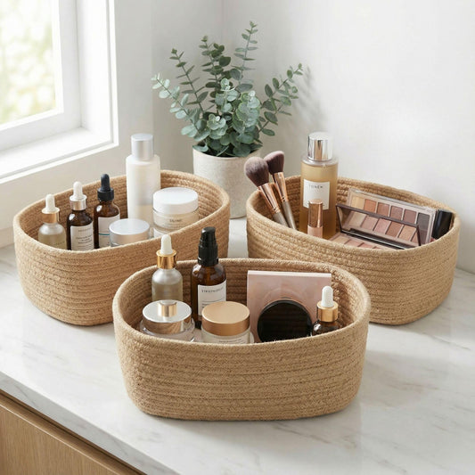 Beautiful Storage Basket Set of 3 - Sturdy Jute Rope Baskets for Shelves Are Perfect for Organizing Your Home - Quality Storage Bins Easily Fit With Any Nursery or Bedroom Decor