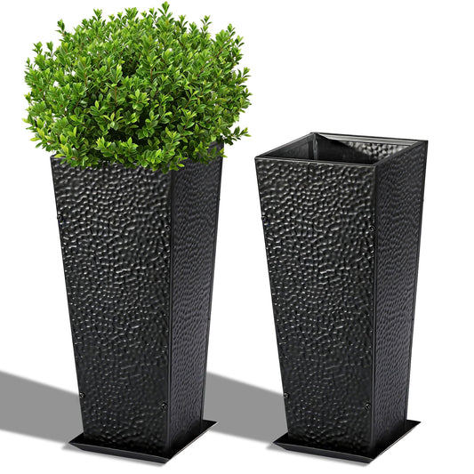 BAYN 2-Pack 24" Tall Metal Planter – Hand-Hammered Textured Large Black Flower Pots Box with Saucer for Outdoor&Indoor, Garden, Porch, Patio, Yard with Pre-Drilled Drainage Holes