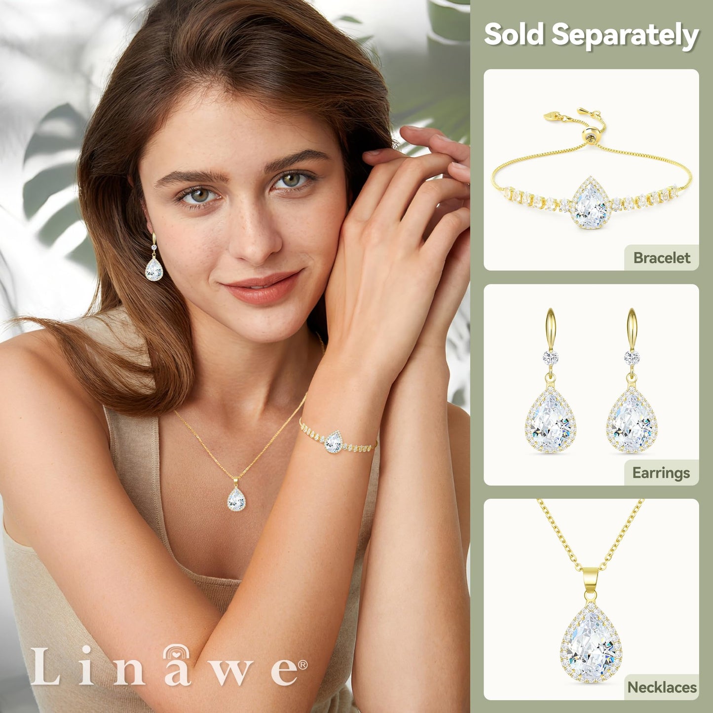 Linawe Crystal Pendant Necklace for Women Trendy, Wedding Bride Bridesmaid Jewelry Set, 14K Gold Chain Moissanite Imitation Diamond Necklace